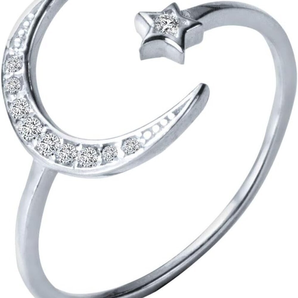 Dainty Star and Crescent Moon Open Ring 925 Sterling Silver for Women CZ Crystal